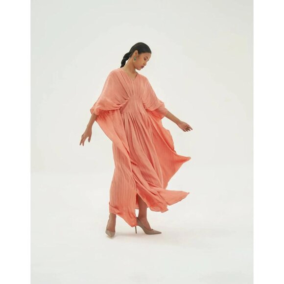 Peach Flowing Draped Maxi Dress – Elegant Evening Wear - Picture 3 of 3